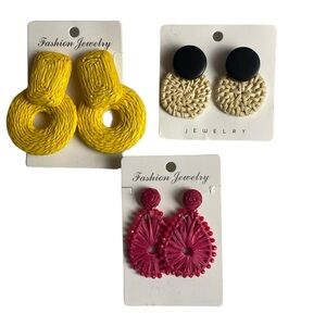 Earrings Bohemian Raffia Geometric Round & Pink Triangle Drop Earrings Lot of 3